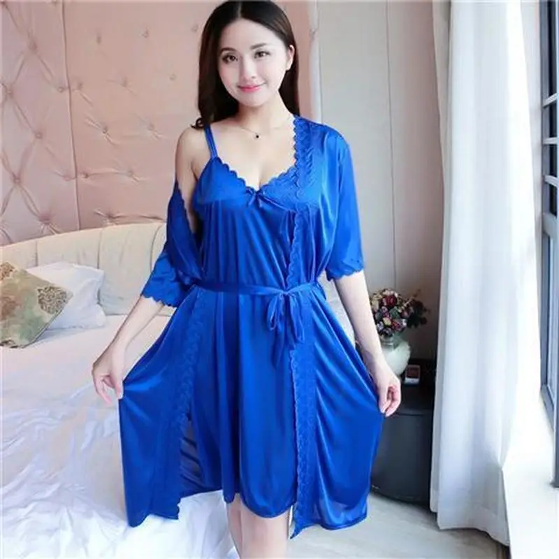 

Women Robe Gown Sets Summer Silk 2pcs 2XL Loose V-neck Solid Simple Bow Sashes Elegant Nightdress Sleepwear Home Leisure Sexy