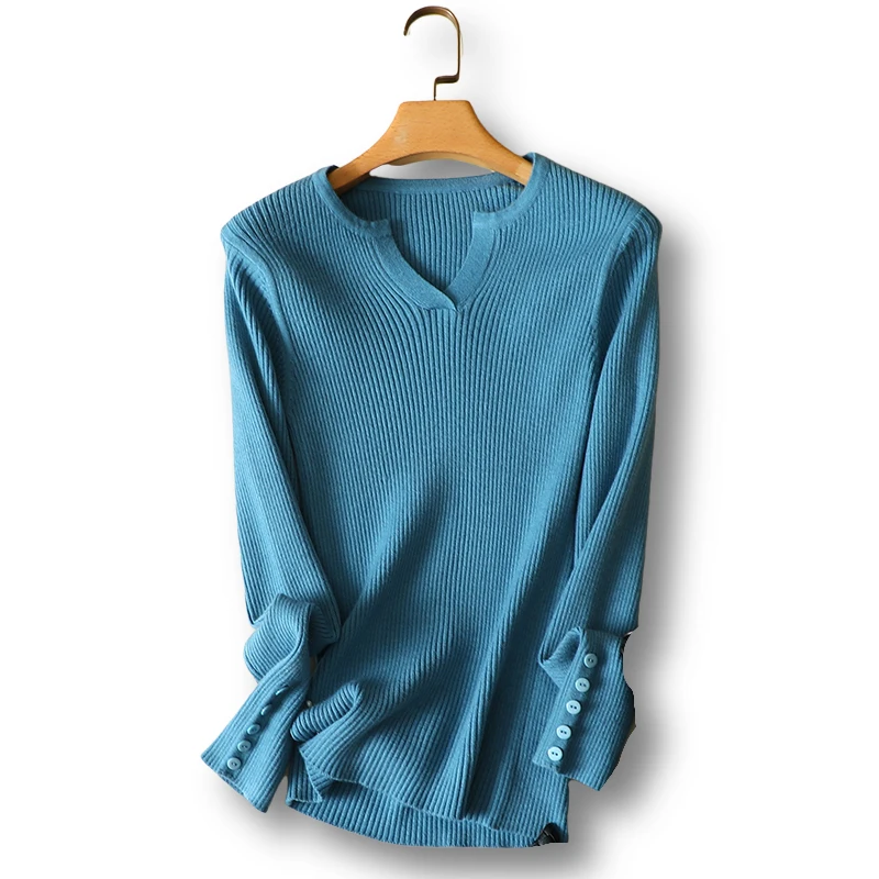 

Autumn New Knitted Women Sweater And Pullovers V-Neck Button Solid Female Pulls Outwear Tops