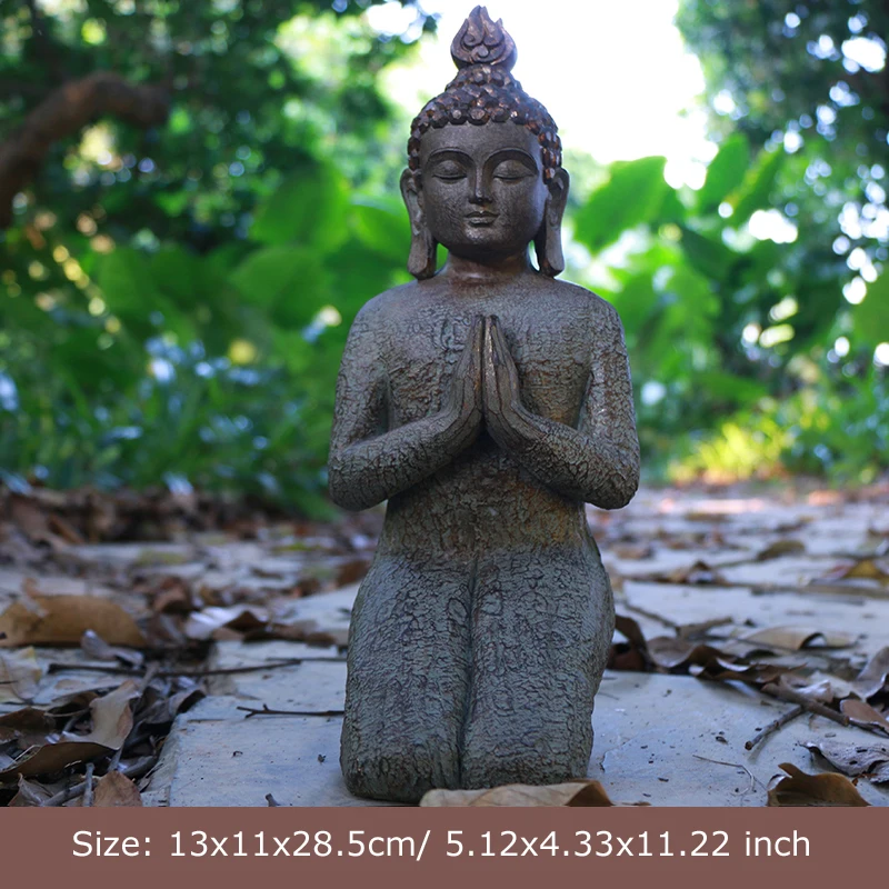 

Resin Kneeling Buddha Garden Statue Outdoor Friendly Buddhism Figurine Fairy Garden Ornaments Home Decor Three Hands Distressed