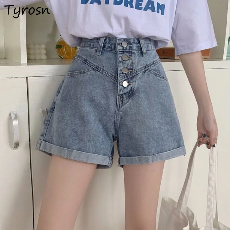 

Women Shorts Denim Spliced Sweet Vintage Students High Waist Simple Lovely All-match Ulzzang Teens Elegant Designed Daily Chic