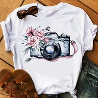 vintage camera with flowers print t shirt women lovely tee shirt femme summer top female casual t shirt girls clothes camisetas