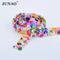 junao 5 yard15mm mix color hotfix glass rhinestone chain trim crystal fabric glass applique strass banding for jewelry crafts