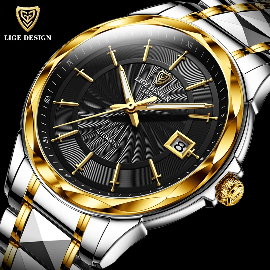 

LIGE DESIGN Men Automatic Watch Luxury Mechanical Wristwatch Tungsten Steel 100M Waterproof Top Brand Business Watches Clocks