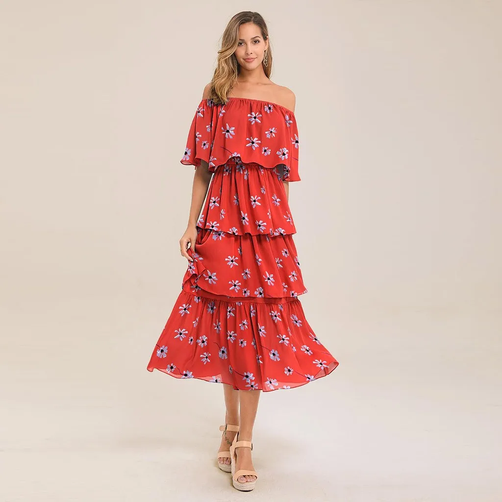 Женское длинное платье KANCOOLD с открытыми плечами оборками и коротким рукавом