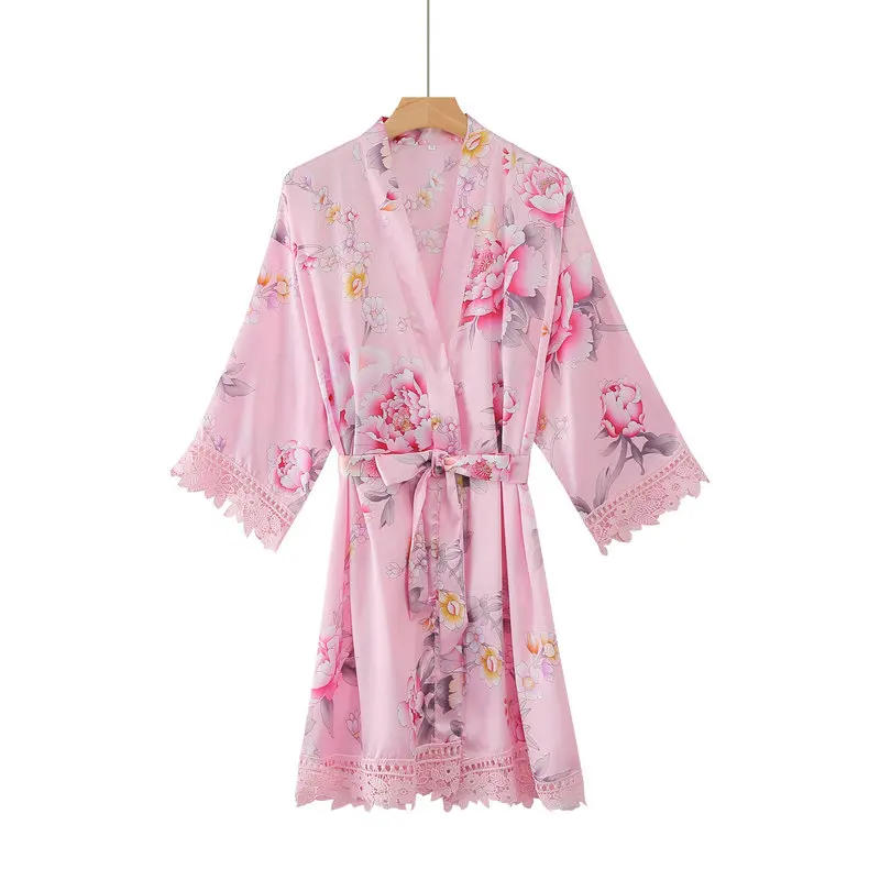 pink YUXINBRIDAL халаты с цветочным принтом с кружевной отделкой цветочный атласный Шелковый Свадебный невесты кимоно для невесты Халаты вечерние халат атласный 02 - Цвет: pink