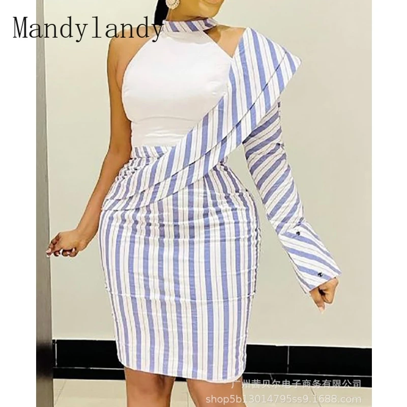 

Mandylandy Dress Autumn Long Sleeve Halter High Waist Hollow Out Dress Women's Casual Striped Print Slim-Fit Patchwork Dress