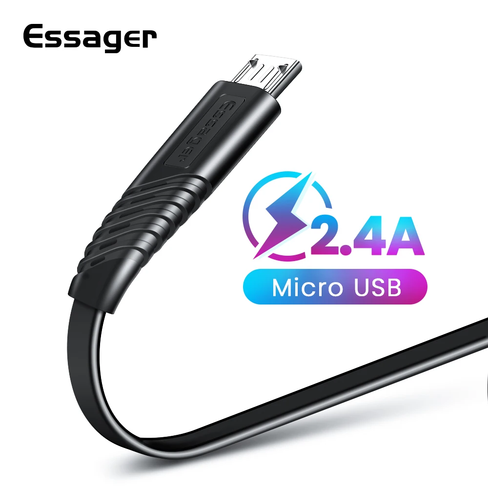 Плоский Micro USB кабель Essager для Xiaomi Redmi samsung 2.4A Быстрая зарядка USB кабель для зарядного устройства для передачи данных кабели для мобильных телефонов Android