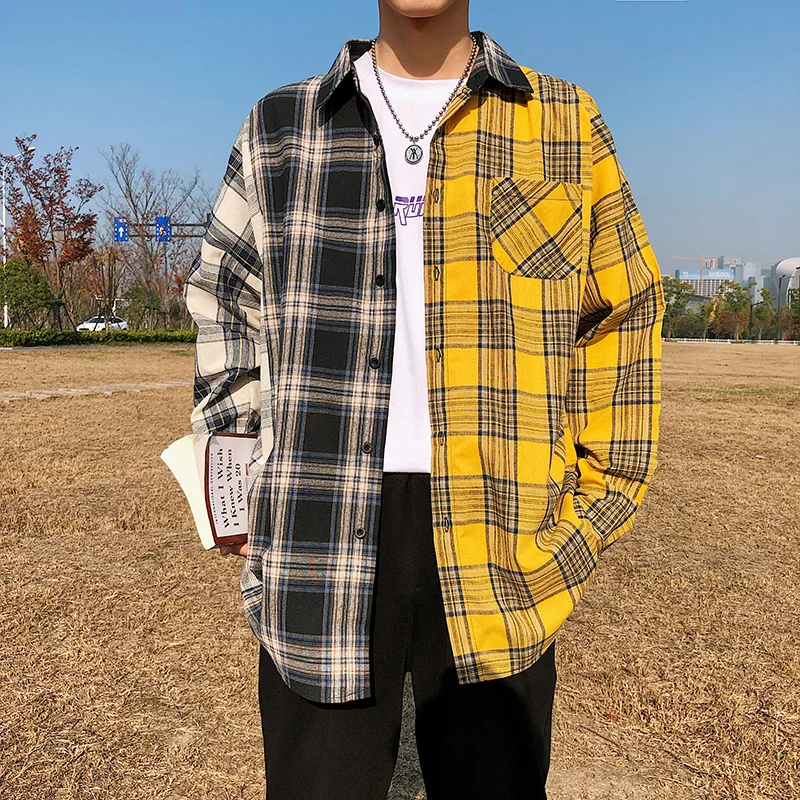 

Men Oversized Cotton Plaid Shirt 2021 Autumn Mens Hip Hop Patchwork Button Up Long Sleeve Shirt Couple Korean Shirts
