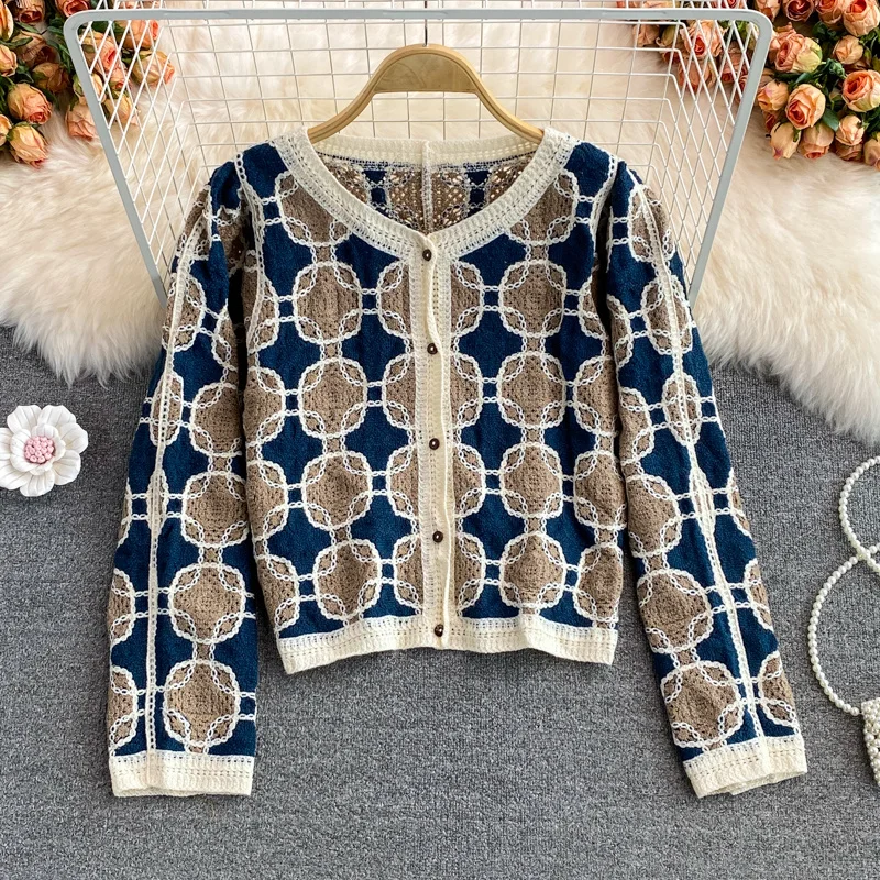 

Женский короткий жаккардовый кардиган, свободная вязаная кофта с вырезами, осень 2021