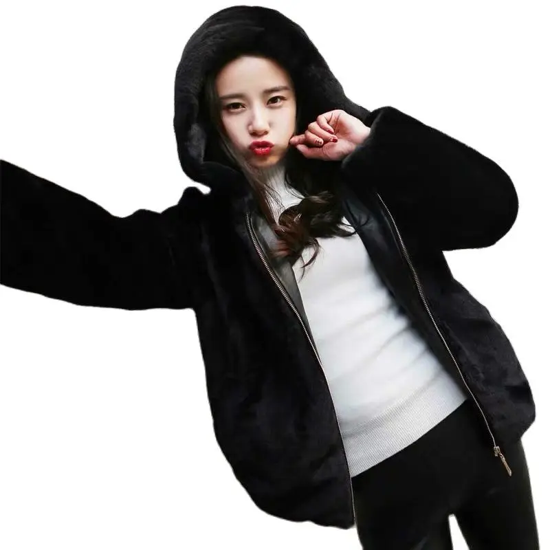 

Autumn Winter Clothes New Faux Mink Fur Coat Women Short Hooded Jacket 2021 Thick Warm Outerwear Fashion Black Fur Jacket Coat