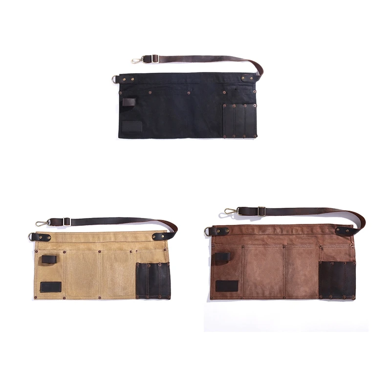 

Hot Multi Pocket Apron for Women Real Leather Canvas Half Apron Pocket Waitress Teacher Vendor Utility Server Cosmetic Apron