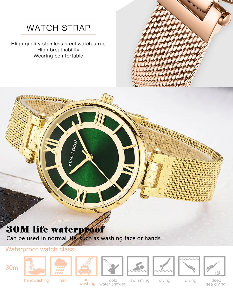 MINIFOCUS Элитный бренд Золотые женские часы Водонепроницаемый ультра тонкие