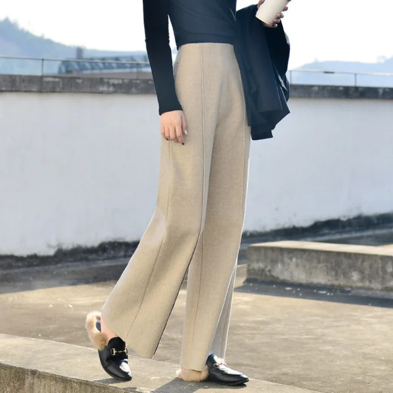 

Autumn Winter New Korea Fashion Women High Waist Woolen Wide Leg Pants All-matched Casual Solid Loose Pants Femme Trousers