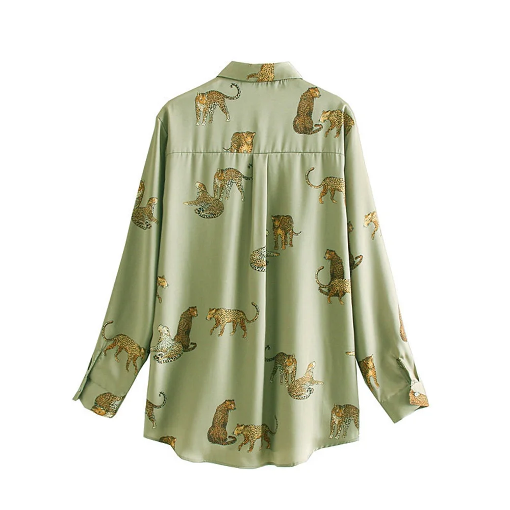 Женская свободная рубашка с леопардовым принтом осенняя Вертикальная отложным