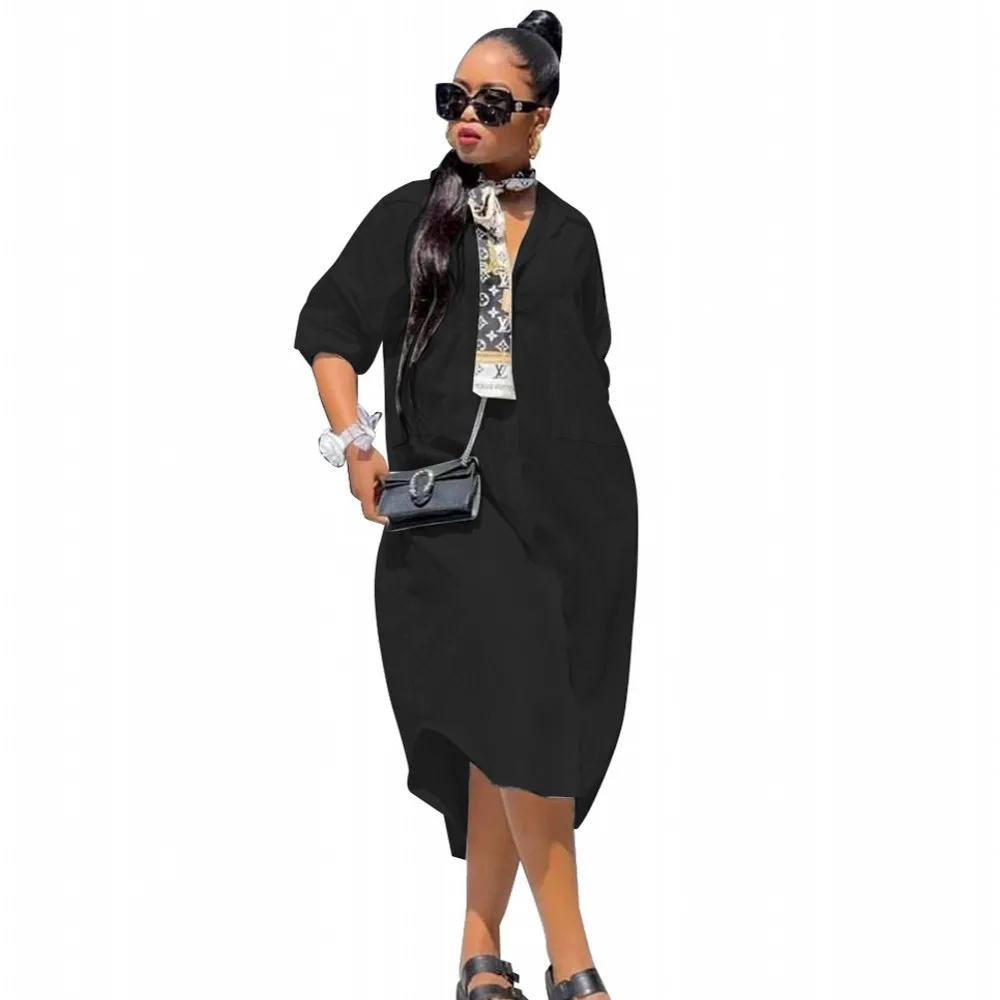 

Solid Color Long Shirt Dress Large Size Loose Long Sleeve Button Cardigan Long Skirt 2022 Winter African Women's Casual Shirt