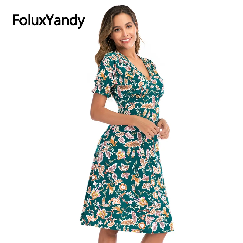

FoluxYandy A-line Women Bohemian Dress Mid-Calf V neck Short Sleeve High Waist Midi Beach Summer Chiffon Dress Vestidos YWNJ25