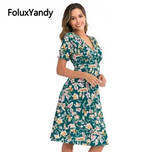 Foluxyandy a linha vestido boêmio feminino meados de bezerro v pescoço manga curta cintura alta midi praia verão chiffon vestidos ywnj25 (3)