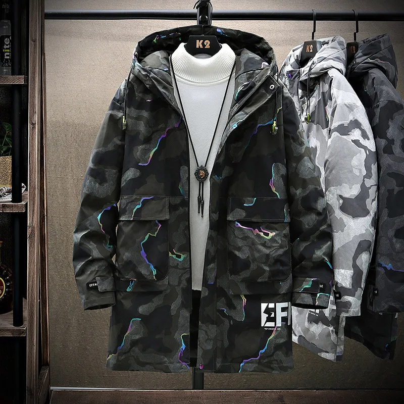 

Mens Winter Down Jacket 2020 New Fashion Hooded Warm Camouflage Windbreaker Jackets White Duck Down Casual Loose Long Jacket Men