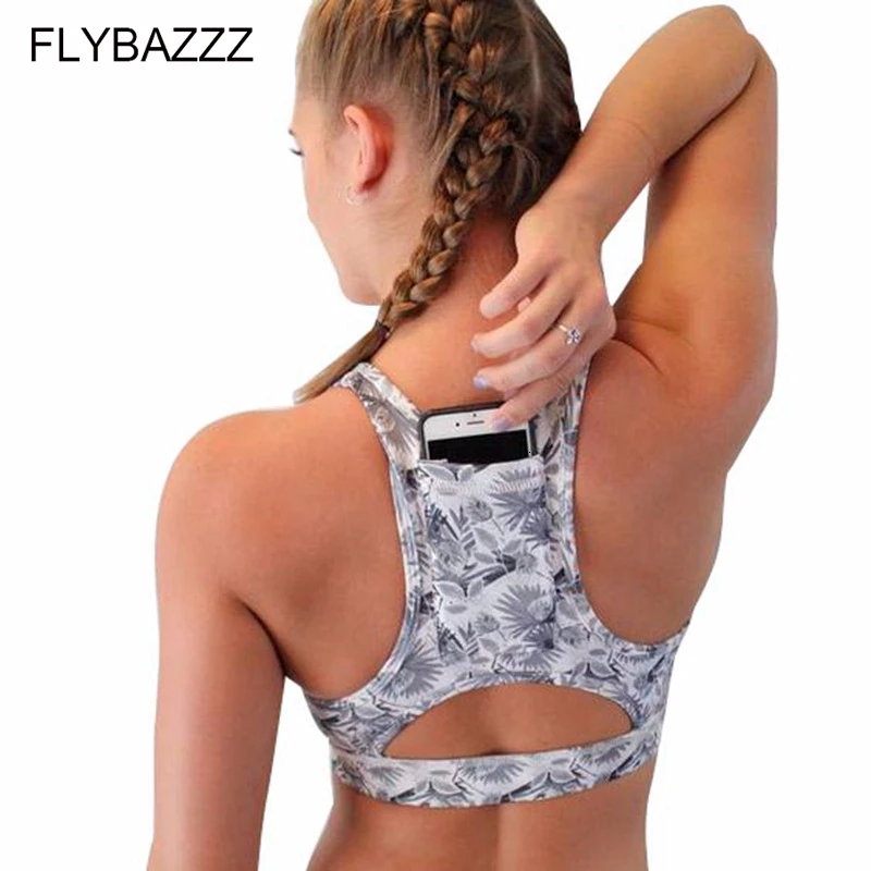 Топ женский спортивный с карманом для телефона бюстгальтер йоги принтом