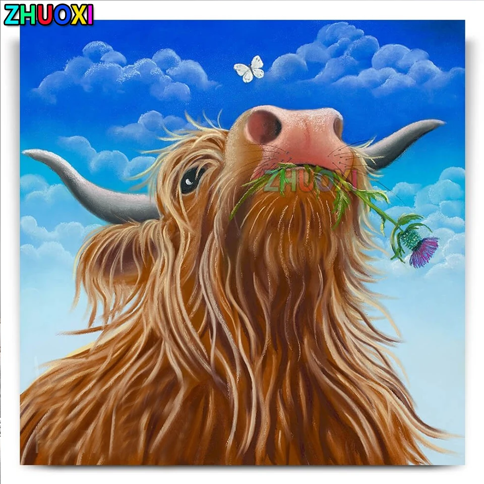 

Full Square Diamond Embroidery Cute Animal Highland Cattle Flowers Diamond Painting Diamond Mosaic Cross Stitch 5D Home Decor