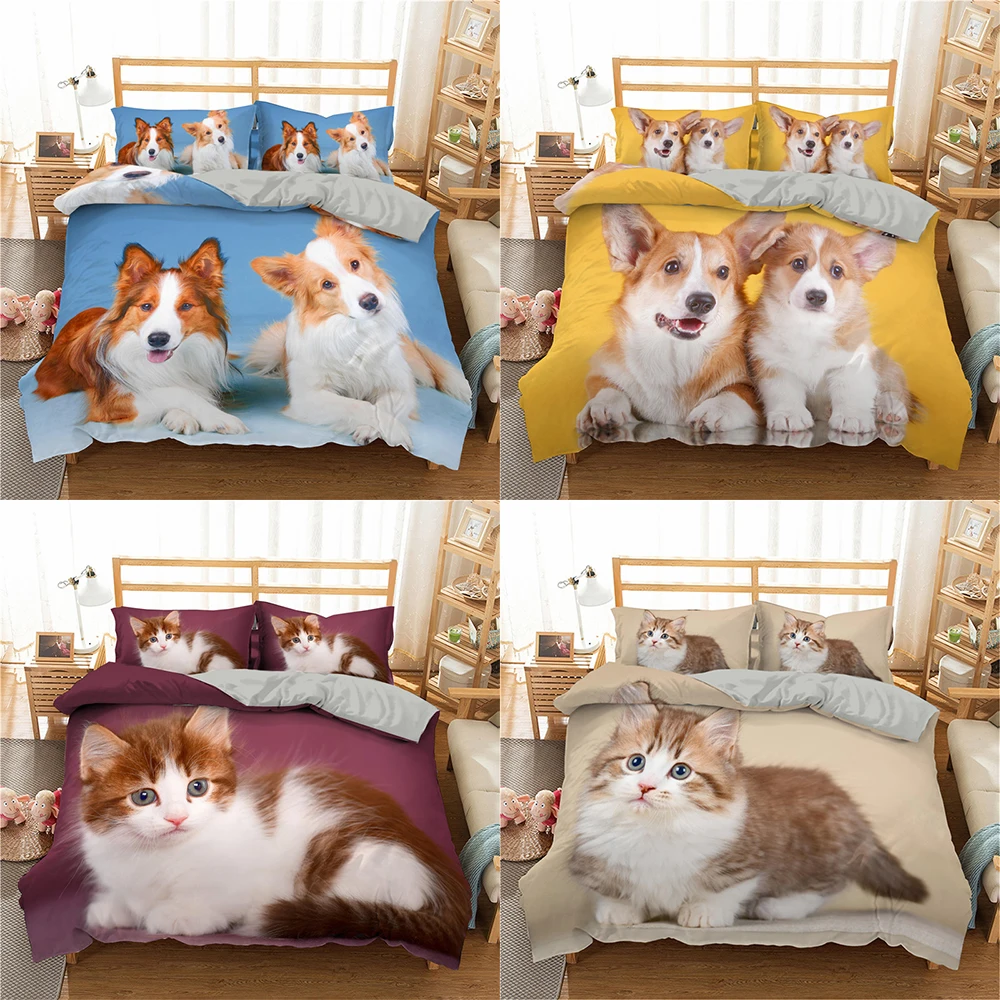 

2021 3d Cute Cat Bedding Set Dog Animal Duvet Cover Bedding King Queen Sizes Bed Set Printed Home Textile Bed Linen 3 Pcs 70gsm