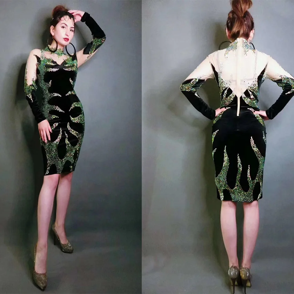 

Women Dj Rhinestone Black Stretch Dress Evening Party Birthday Celebrate Dresse Stage Costume Singer Performance Jazz Dance