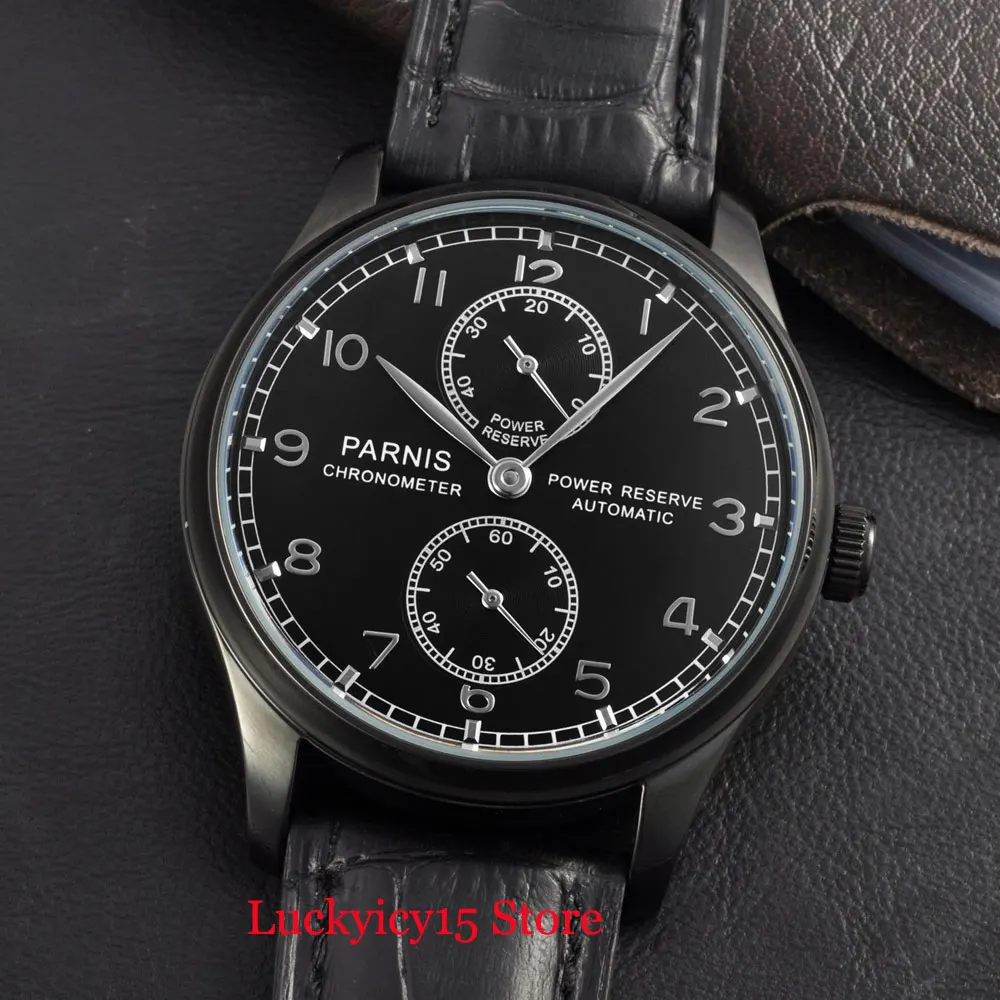 PARNIS черные мужские часы с pvd-покрытием корпус индикатор запаса мощности черный кожаный ремешок ST 2542 Move men t