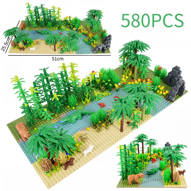 

MOC Rain Forest River Blocks Tropical Rainforests with Plant Animal 32x32 Dinosaurs Baseplates Building Block Bricks Dino Toys
