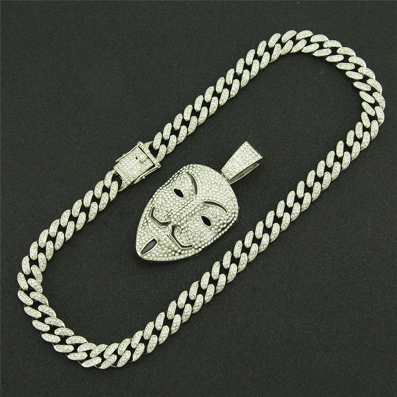 

Cubic Zircon V For Vendetta Pendant Necklace For Men Jewelry Crystal Cuban Chain Anonymous Hacker Mask Charm Choker