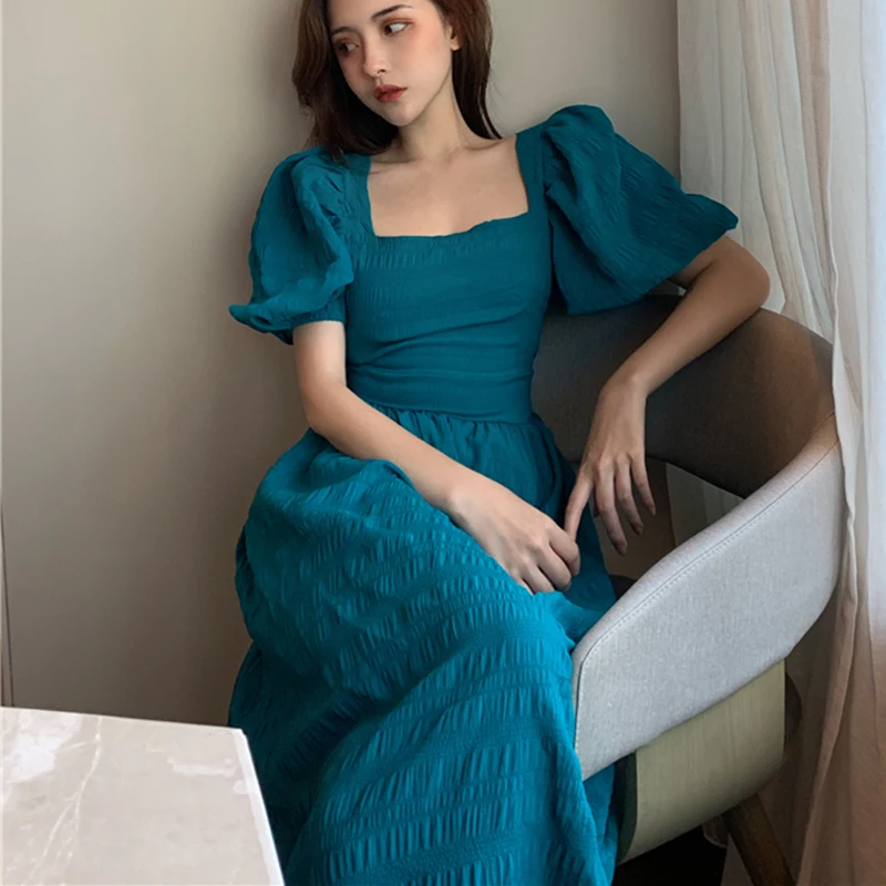 

Женское винтажное платье с рукавами-фонариками, длинное платье с открытой спиной и квадратным вырезом в стиле бохо, элегантная пляжная одеж...