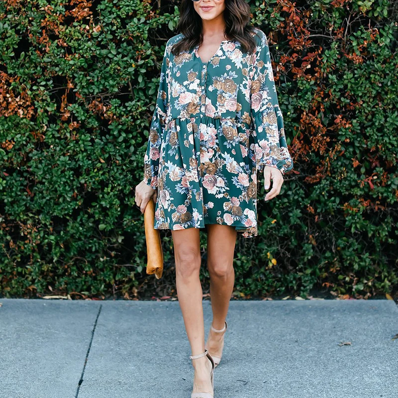

2021 Autumn Casual V-neck Long Sleeve Buttons Mini Dress Women Summer Floral Print Dress Elegant Lady Party Dresses Vestidos 5XL