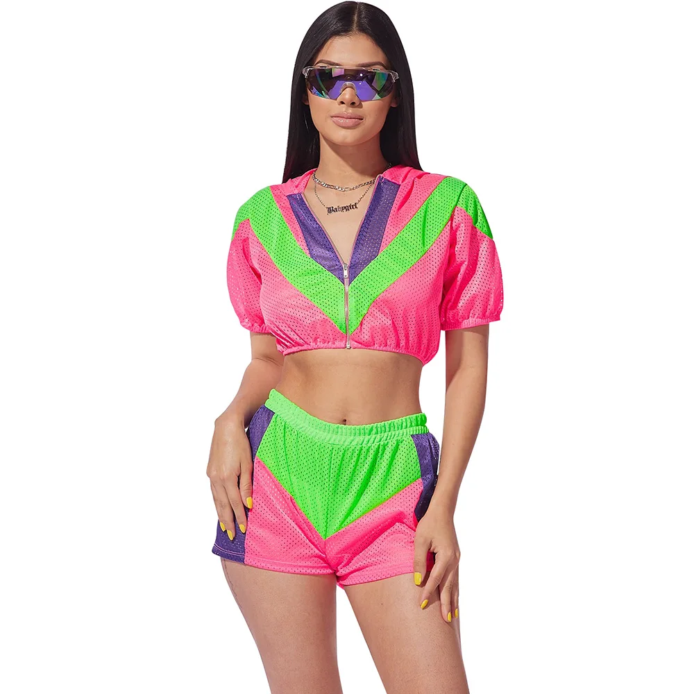 Летний женский комплект из двух предметов короткий рукав на молнии укороченный