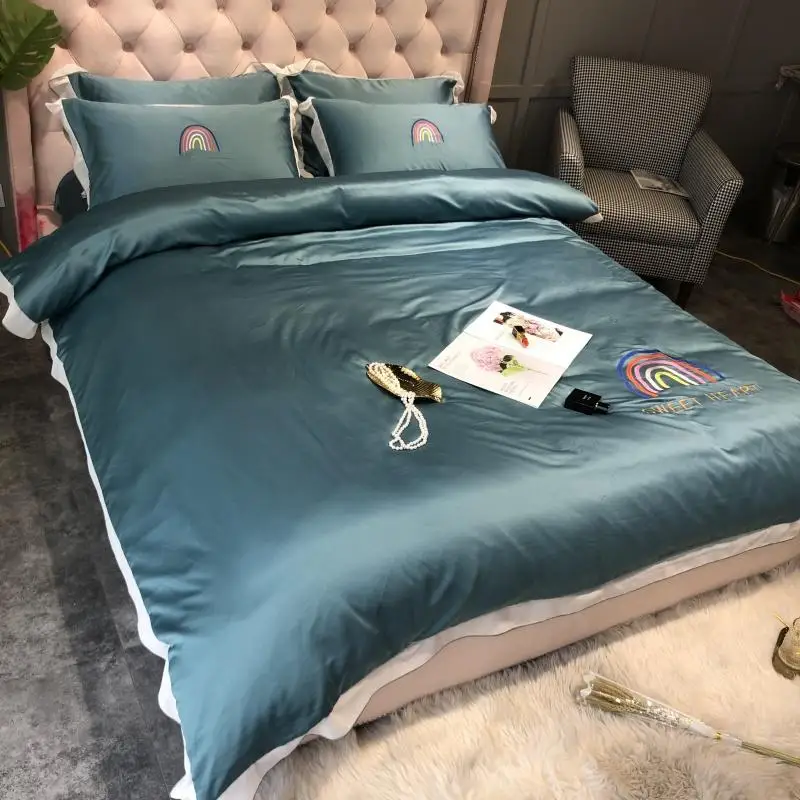 

Latest Luxury Super Soft Washed Bedding Sets Duvet Cover 4Pcs Brief Queen King Size Skin-friendly Rainbow Reactive Breathable