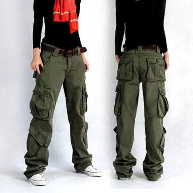 

Womens Cotton Army Combat Baggy Pants Cargo Pockets Work Casual Trousers Loose