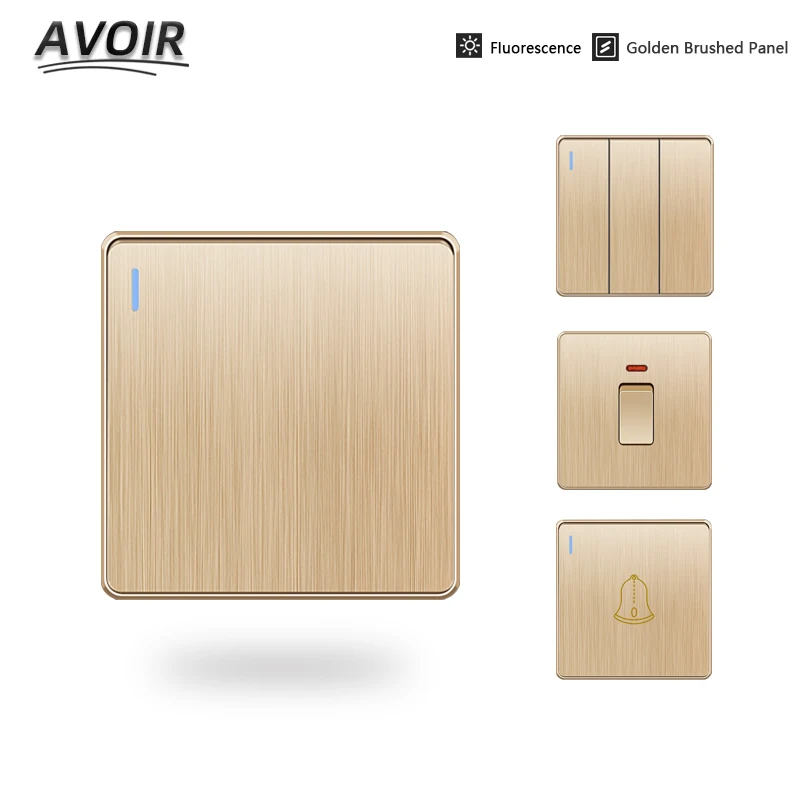 

Avoir Light Switch Push Button Golden brushed Panel USB Wall Switches EU UK Dimmer 16A 20A 45A 110-250V 1 2 3 4Gang 1 2Way