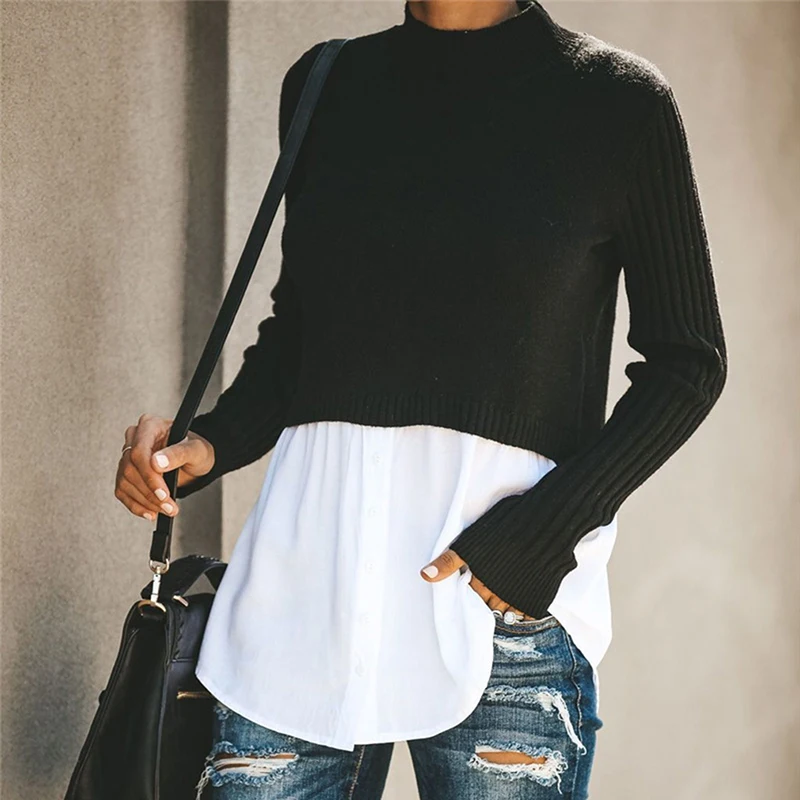 

Pullover Knitted Sweater Patchwork Long Sleeve Button Women Jumper 2022 Autumn Winter Sexy Casual Black Tops And Blouse Clothing