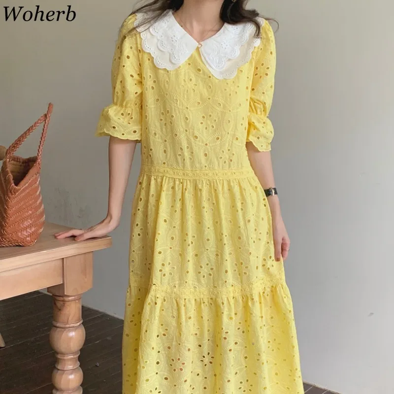 Woherb желтое женское корейское шикарное ажурное платье с круглым воротником
