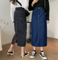 casual streetwear jean long skirts for women autumn dark blue black skirt high waist cotton saias female slit wrap denim skirt