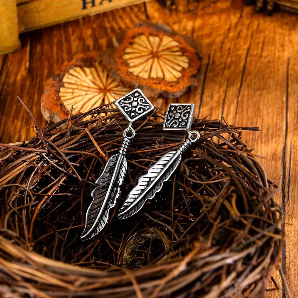 Hemiston Feather Tassels Titanium Steel Earrings Stainless Individual Punk Rock Style Fashion Mens On
