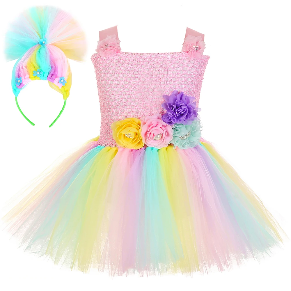 Платье-пачка детское на Хэллоуин с Пастельными цветами троллями маками |