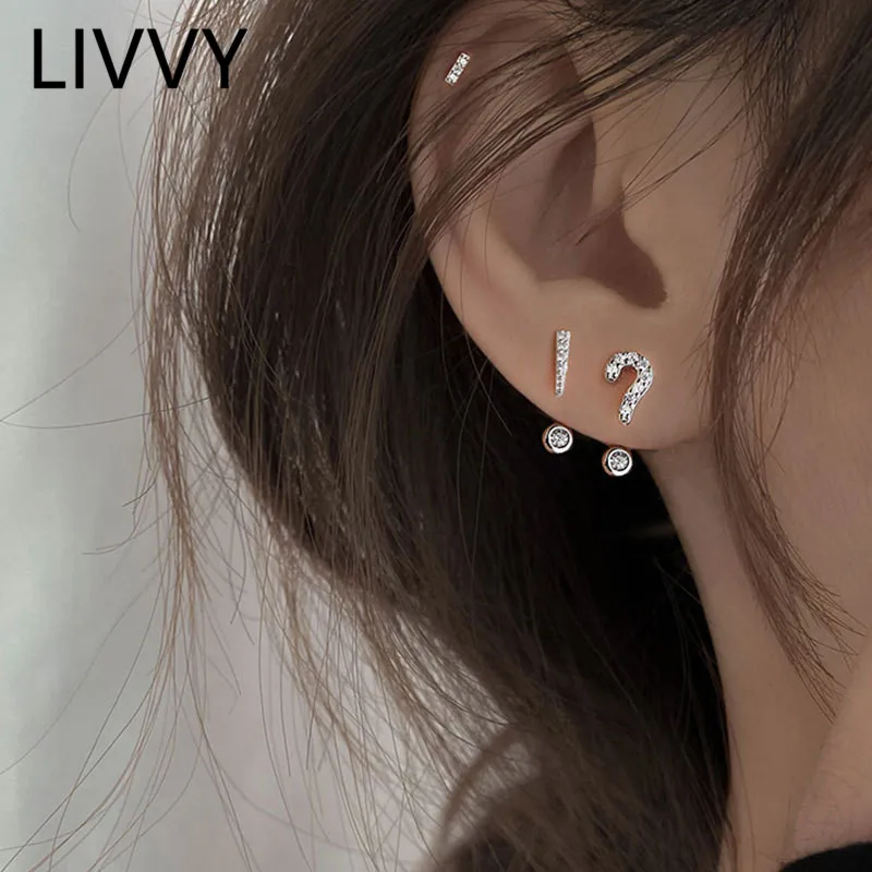 

LIVVY Silver Color New Fashion Question Mark Exclamation Mark Symbol Inlaid Zircon Studs Earrings Women Trendy Jewelry