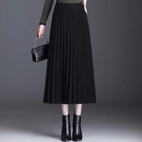 knitted black pleated skirt for women autumn winter new high waist big swing casual loose elegant vintage thick long skirts