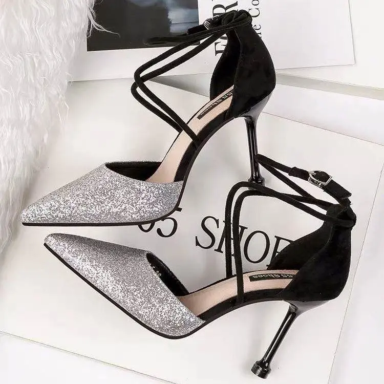 

Shoes Woman Crystal Sequined Pointed Women's High Heels Fine with Shallow Mouth Word Buckle Hollow Cross-Strap Luxury Sexy