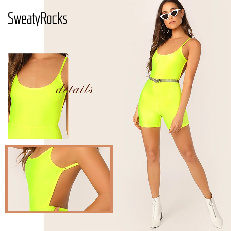 SweatyRocks неоновый желтый комбинезон без спинки без пояса Женский Повседневный Комбинезон спортивная одежда обтягивающий сексуальный короткий комбинезон