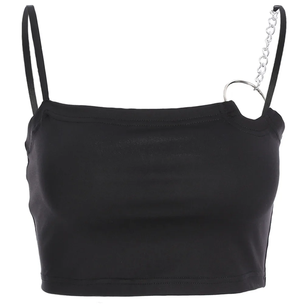 Женская майка с открытыми плечами однотонная металлическим кольцом укороченная