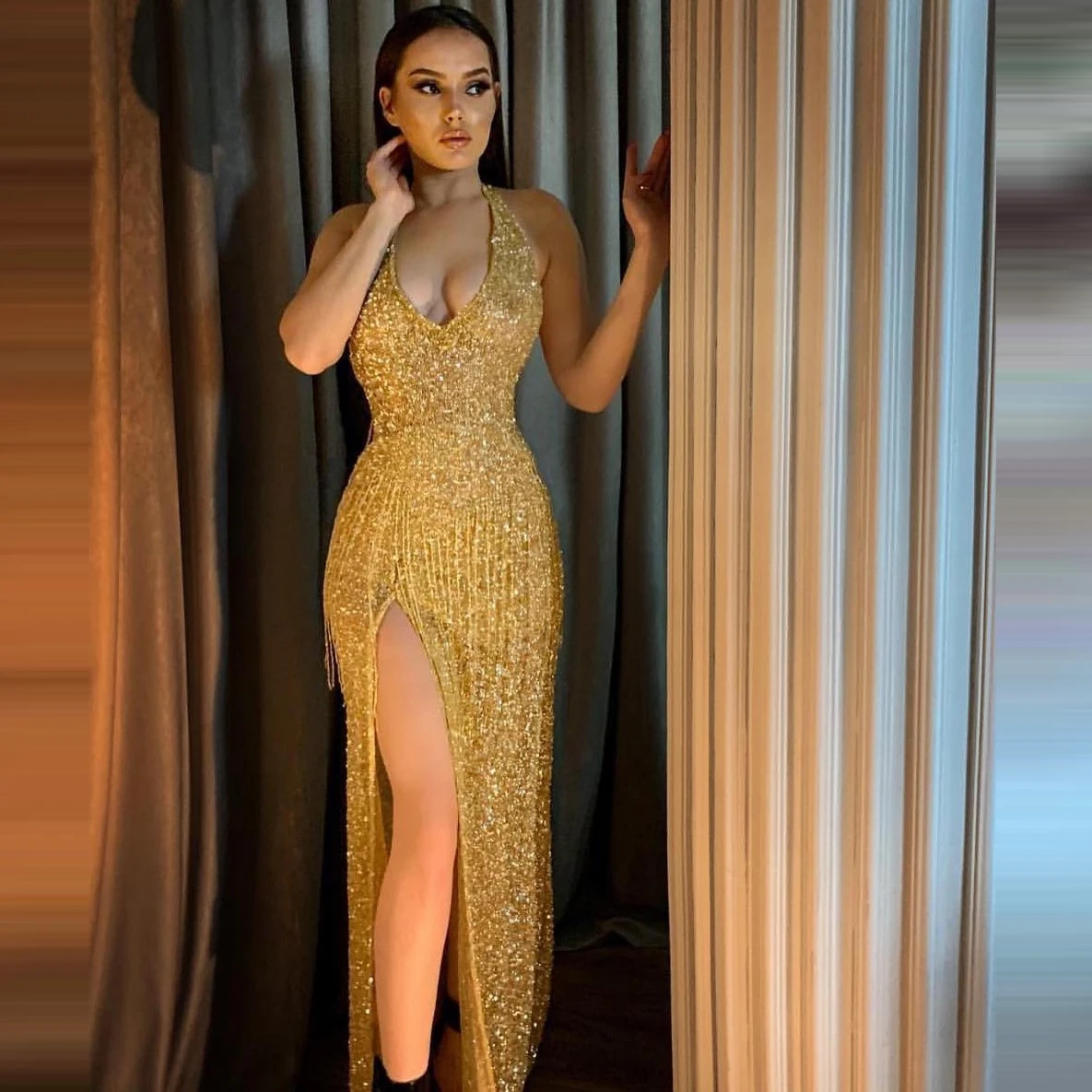 Блестящие золотые платья для выпускного вечера с блестками бисером кисточками