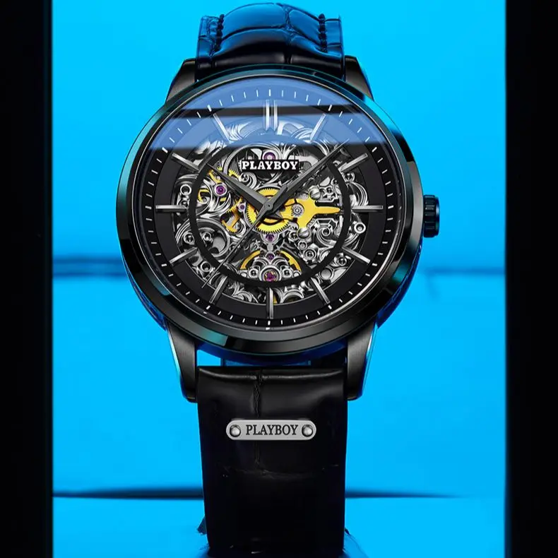 

New Playboy Brand 5534 Luxury Business Leather Band Male Watch Waterproof Hollow Automatic Mechanical Men's Wristwatches Clock
