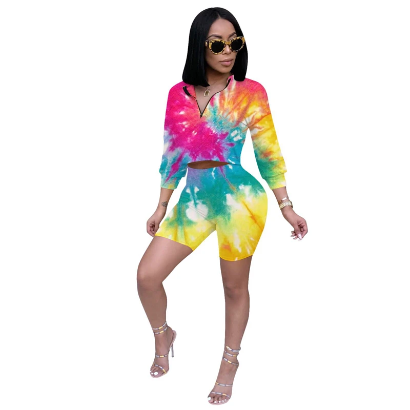 

Adogirl Tie Dye Print Women Two Piece Set Zipper V Neck Long Sleeve Loose Crop Top Shorts 2020 Summer Tracksuit Home Clothes