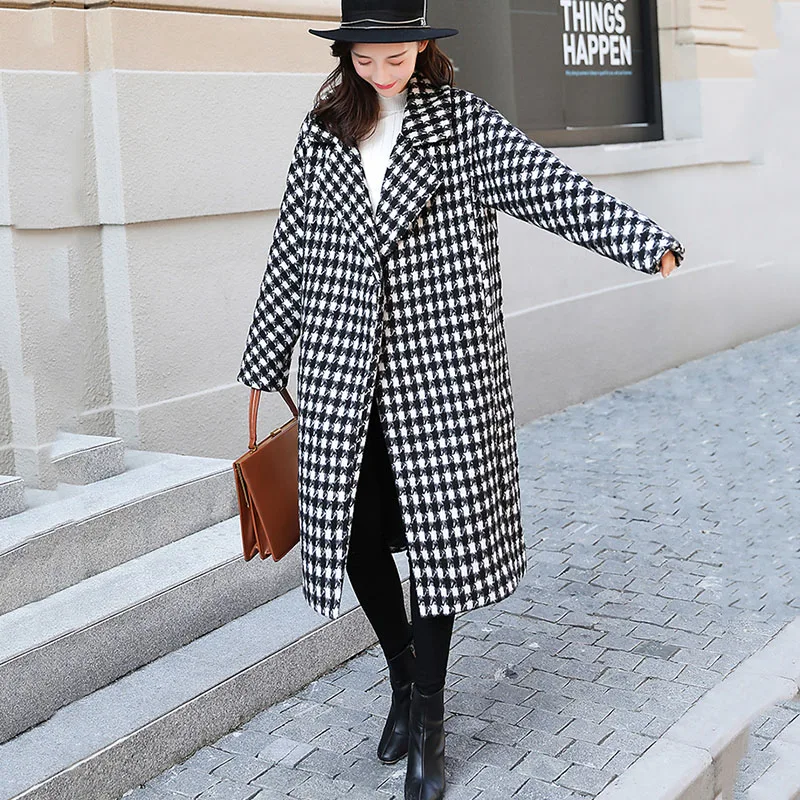 

Houndstooth Loose Thick Turn-down Collar Plus Size Office Style Casual 2020 Fashion Winter Women Woolen Blend Overcoat