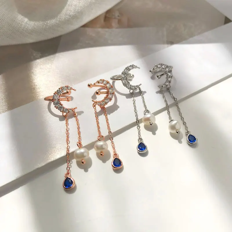 

YC4991E S925 Silver Fashion Classic Tassel Moon Zircon Ear Clip Girlfriend Gifts Party Evening Woman Jewelry Stud Earrings 2021